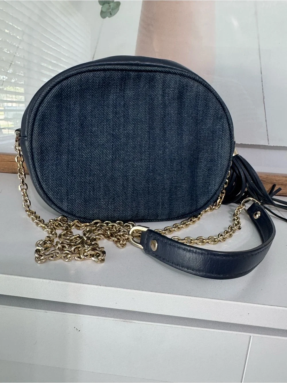 kate spade Black Denim Crossbody with Pink Floral Print and Tassel